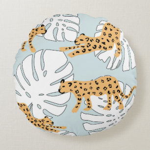 Cojín Redondo Léopardo tropical animal y hojas de palma de monst