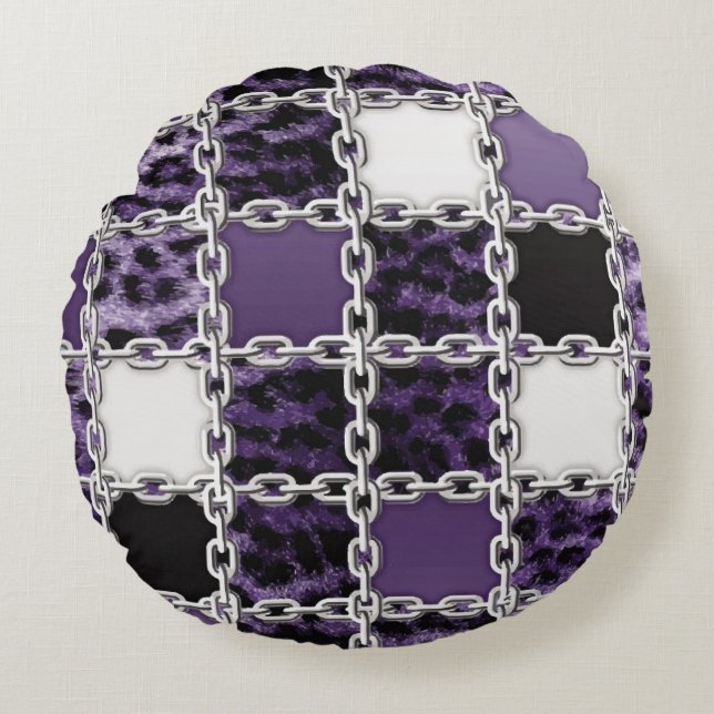 Cojín Redondo Leopardo ultravioleta sin foco y cadena de plata (Anverso)