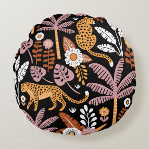 Cojín Redondo Leopards Palms Vintage Seamless Pattern