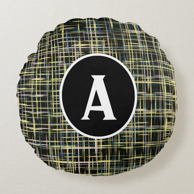 Cojín Redondo Letra amarilla y azul cuadrícula abstracta (Anverso)