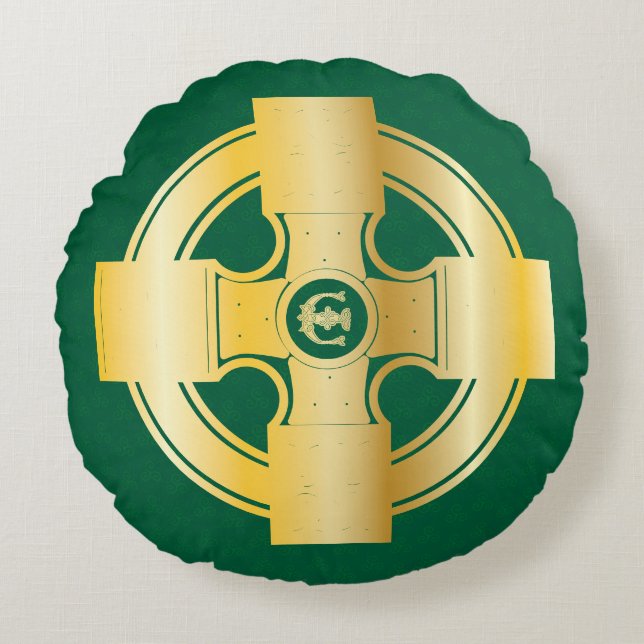 Cojín Redondo Letra Celta Cross Celtic Knot E Monograma (Anverso)