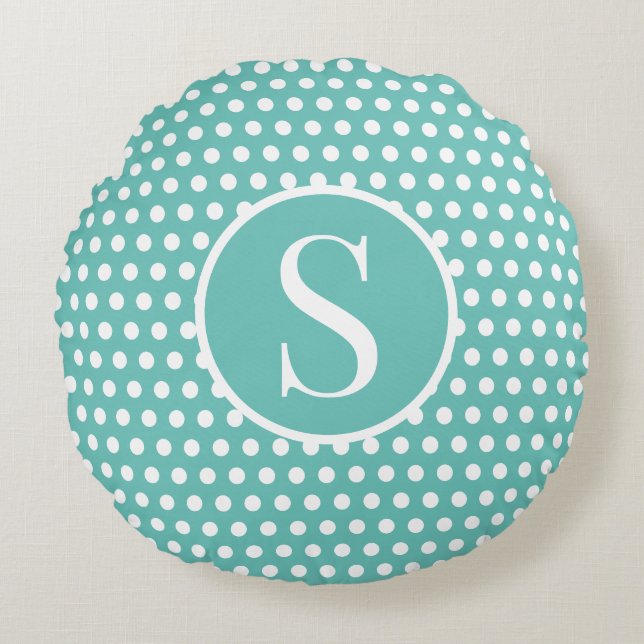 Cojín Redondo Letra turquesa Personalizado inicial Polka Dot (Anverso)