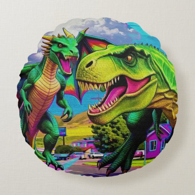 Cojín Redondo Lets Play - Green Dragon and Dinosaur (Anverso)