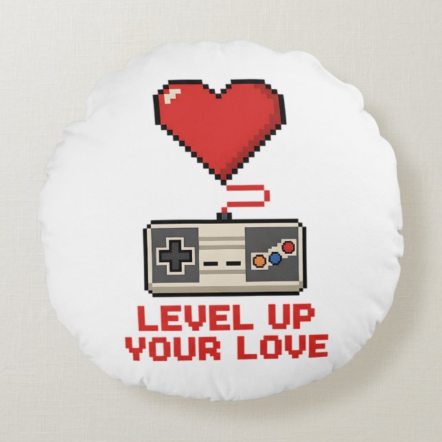 Cojín Redondo Level Up Your Love, Retro Pixel Gaming Design (Anverso)