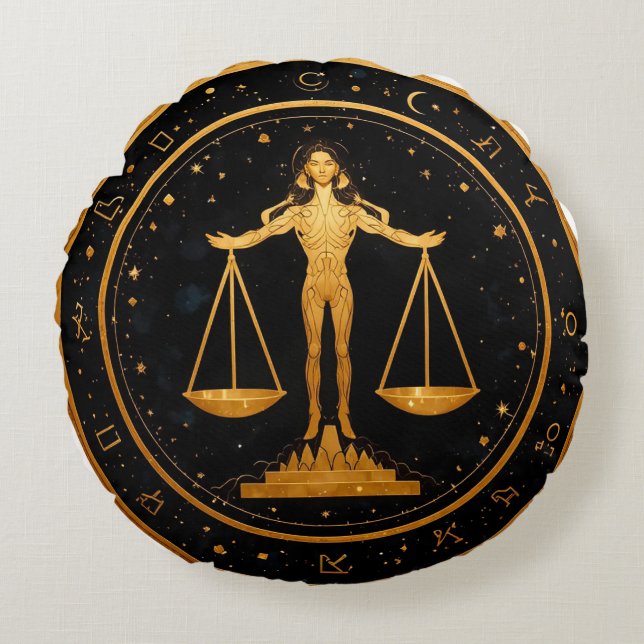Cojín Redondo Libra Zodiaco Balanza de Oro (Anverso)