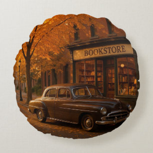 Cojín Redondo Librería y auto Vintage Fall/Otoño