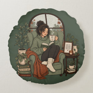 Cojín Redondo Libros de Café Chica Acogedora Días Lluviosos Dise