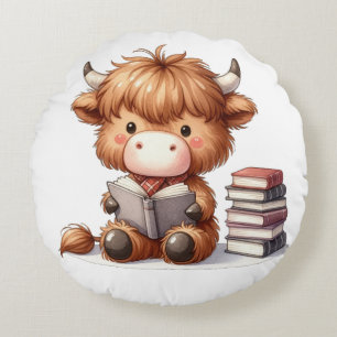 Cojín Redondo Libros de lectura de vacas de Highland