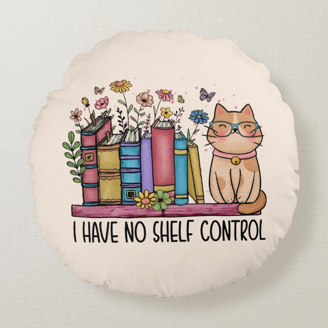 Cojín Redondo Libros florales y gato (Anverso)