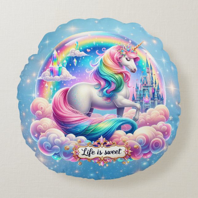Cojín Redondo Life Is Sweet Unicorn Rainbow Castle Pillow Gift (Anverso)