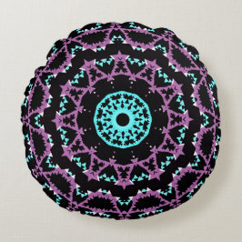 Cojín Redondo Lilac, mandala negra y turquesa.