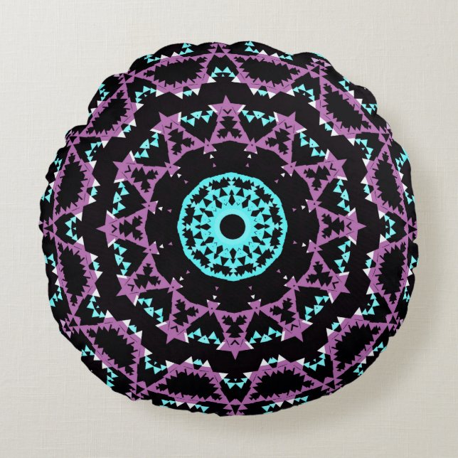 Cojín Redondo Lilac, mandala negra y turquesa. (Anverso)