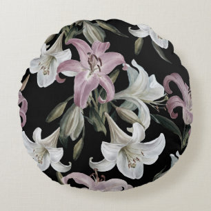 Cojín Redondo Lilies, blanco rosado, estampado floral.