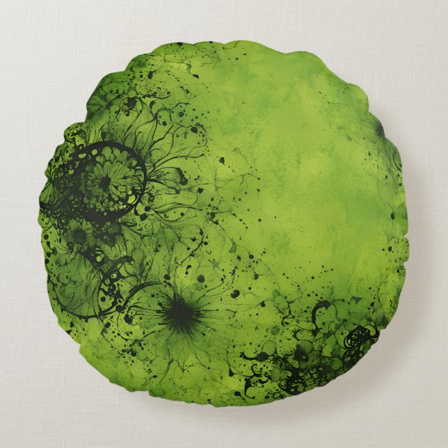 Cojín Redondo Lima Verde Grunge con Acentos Negros (Anverso)