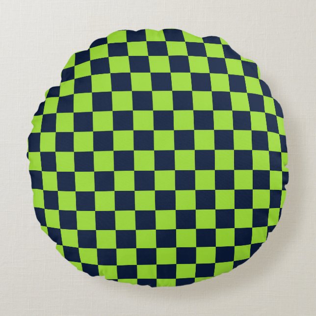 Cojín Redondo Lime and navy checkerboard pattern (Anverso)