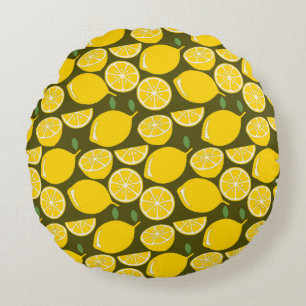 Cojín Redondo Limones Amarillos y Patrón Verde Oliva: Citrus Mod
