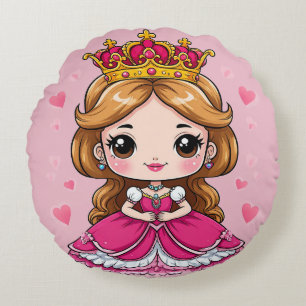 Cojín Redondo Linda Princesa de Dibujos Animados con Vestido Ros