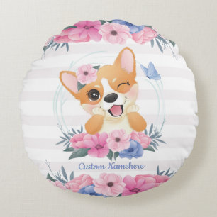 Cojín Redondo Lindo Corgi Perro Corona de Flores Mariposa Azul P