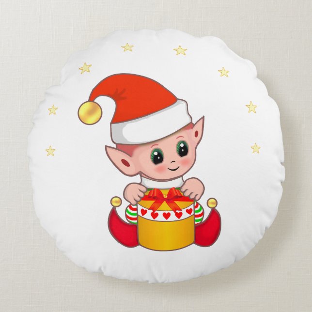 Cojín Redondo Lindo elfo de Navidad y estrellas (Anverso)