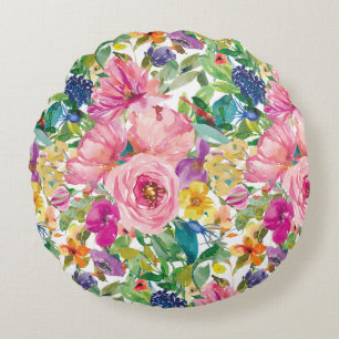 Cojín Redondo Lindo floral acuarela rosa azul amarillo femenino