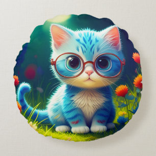 Cojín Redondo Lindo gatito azul con gafas-47567