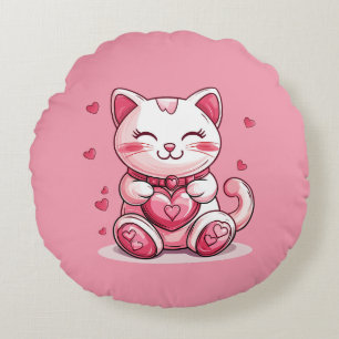 Cojín Redondo lindo gato enamorado del corazón rosado