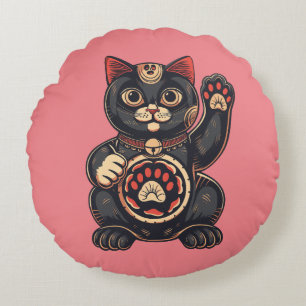 Cojín Redondo lindo Maneki Neko gato impreso en japonés