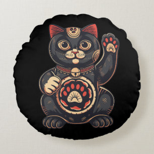 Cojín Redondo lindo Maneki Neko gato impreso en japonés