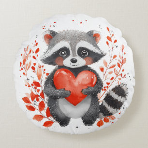 Cojín Redondo lindo mapache con corazón para el día de San Valen