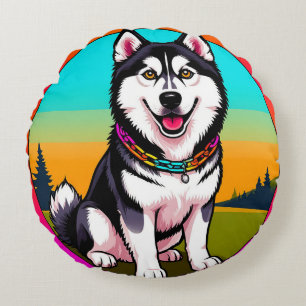 Cojín Redondo Lindo perro husky de dibujos animados con collar
