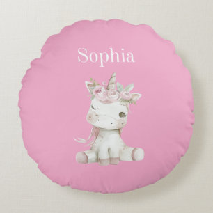 Cojín Redondo Lindo Unicornio Floral Rosa Blanco