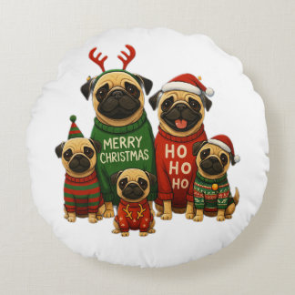 Cojín Redondo 🎄 Lindos Pugs de Navidad con Suéteres Festivos
