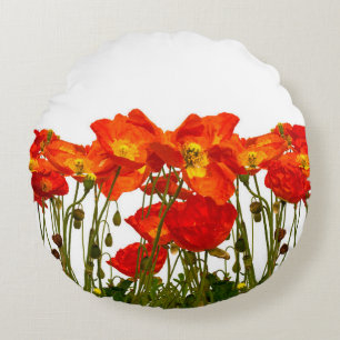 Cojín Redondo Línea de amapolas rojas aisladas arte, fondo, bell