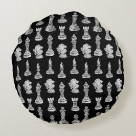 Cojín Redondo Linocut de figuras de ajedrez en blanco y negro