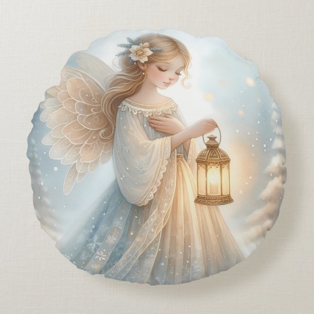 Cojín Redondo Linterna de Ángel Invernal Celestial de Consuelo (Anverso)