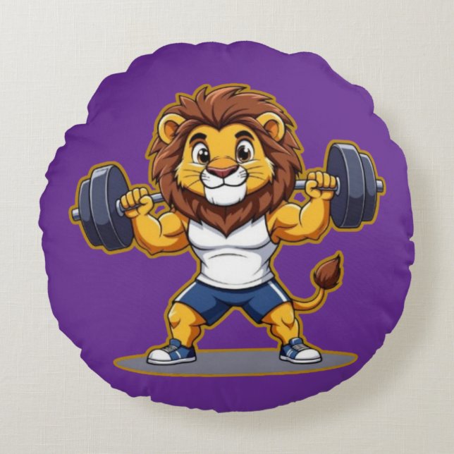 Cojín Redondo Lion Lifting Light Weights – Cute Gym Animal Illus (Anverso)