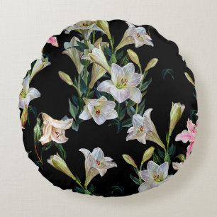 Cojín Redondo Lirios florales: pintura de fondo negro