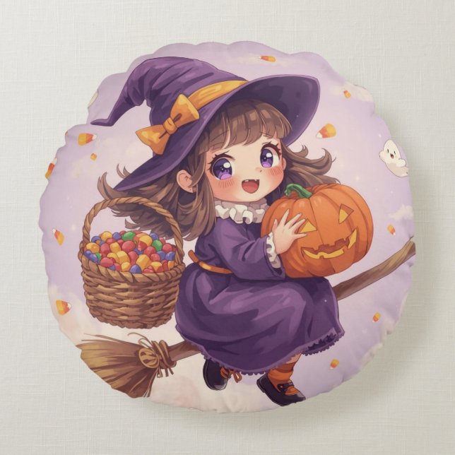 Cojín Redondo Little Witch Flying with Pumpkin Pillow (Anverso)