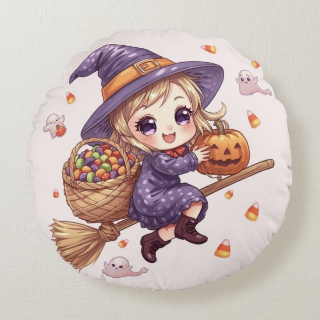 Cojín Redondo Little Witch with Pumpkin Round Pillow (Anverso)