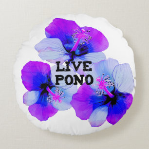 Cojín Redondo Live Pono Hibisco Hawaiano Floral Azul Púrpura
