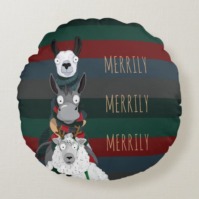 Cojín Redondo Llama a burro "merrily" oveja festiva (Anverso)