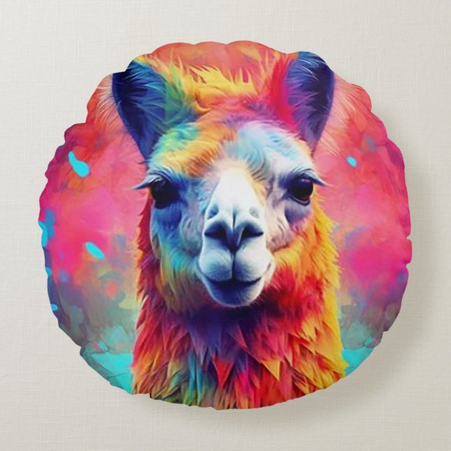 Cojín Redondo Llama arco iris (Anverso)