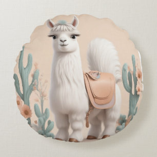 Cojín Redondo Llama con silla en el desierto