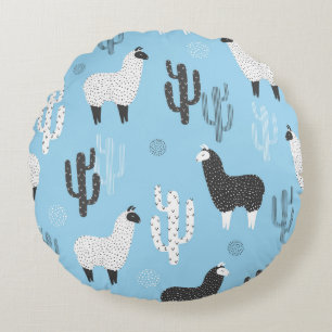 Cojín Redondo Llama y cactus, lindo patrón.