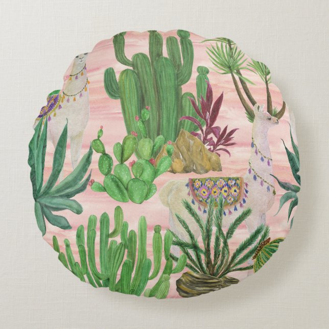 Cojín Redondo Llamas acuarelas y patrones de cactus. (Anverso)