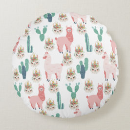 Cojín Redondo Llamas rosadas lindas y cactus verde