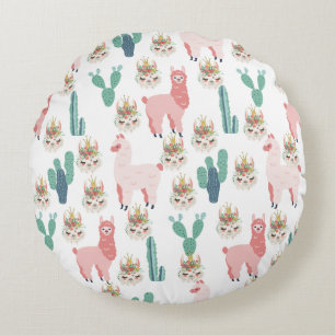 Cojín Redondo Llamas rosadas lindas y cactus verde