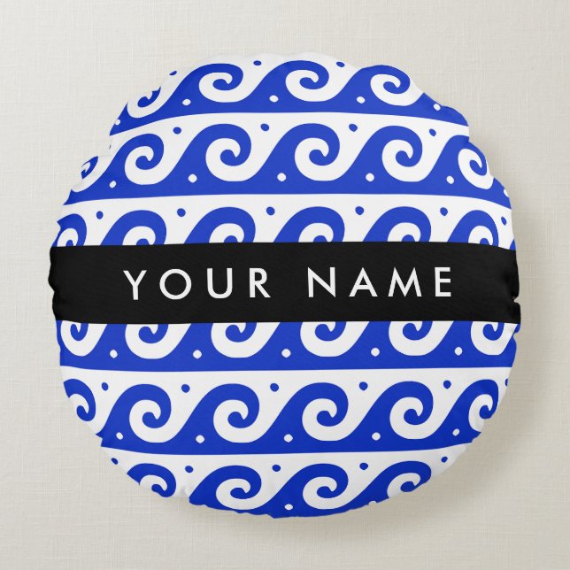 Cojín Redondo Llave de malandrina griega, llave de ola, azul, tu (Anverso)