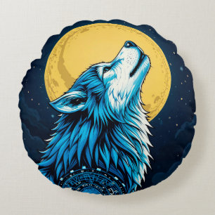 Cojín Redondo Lobo Azul Místico Aullando a una Luna Llena