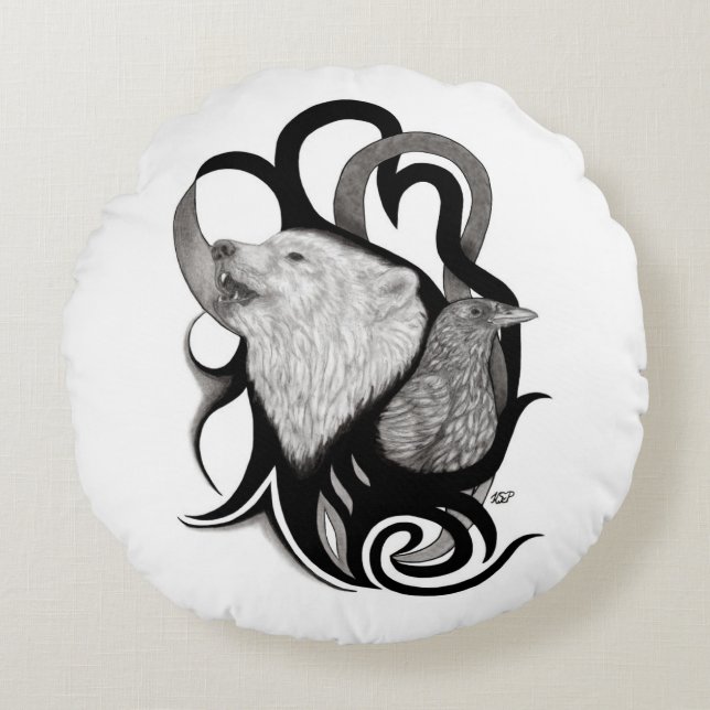 Cojín Redondo Lobo blanco con arte tribal de Raven (Anverso)